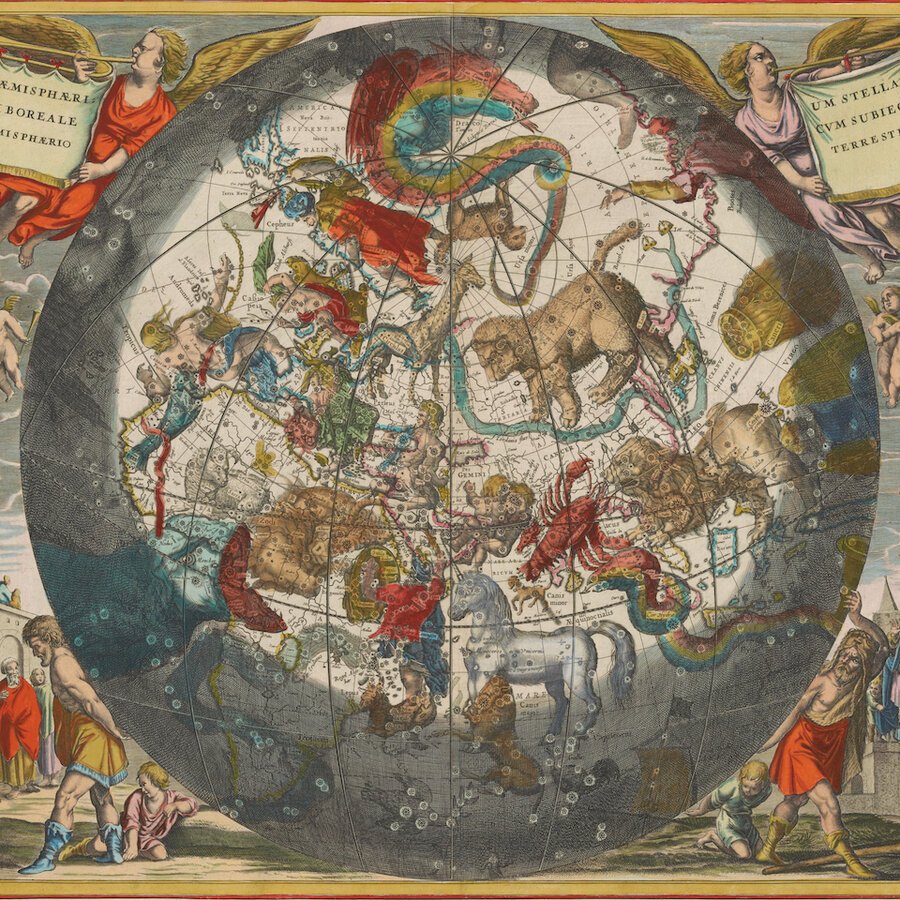 Antique hand-coloured celestial map of the constellations for a quick 5-minute astrology consultation